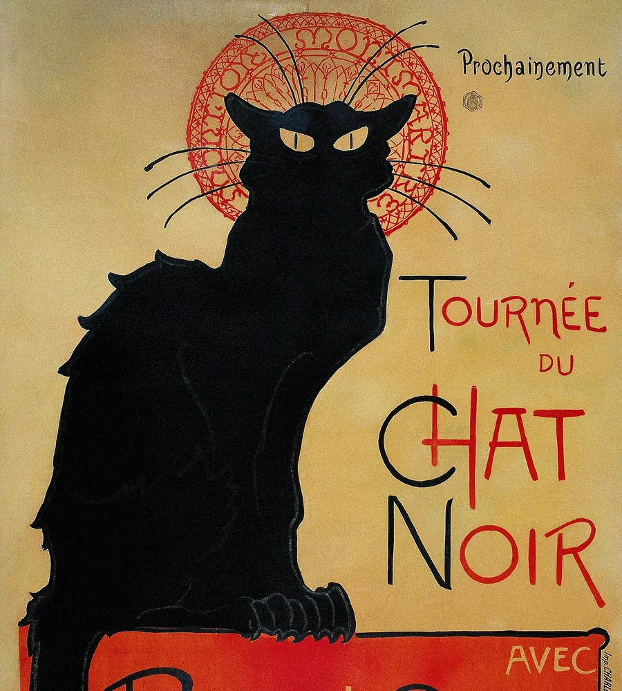 Théophile Steinlen's poster for the tour of the Chat Noir, with a large black cat in front of a red halo and the words Tournée du Chat Noir.