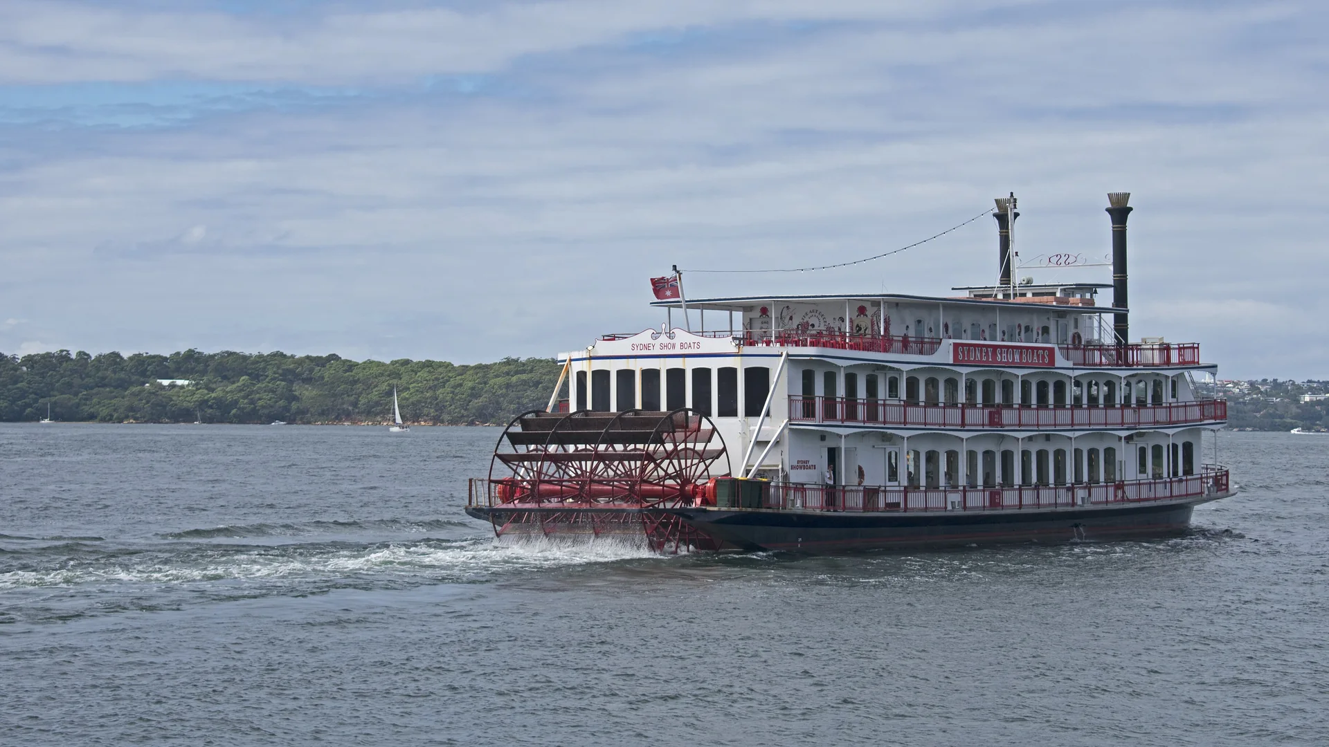 The red-and-white paddle-wheel showboat Sydney Showboat II under way on Sydney Harbour, its red paddle wheel at the stern and two black funnels above the upper deck.